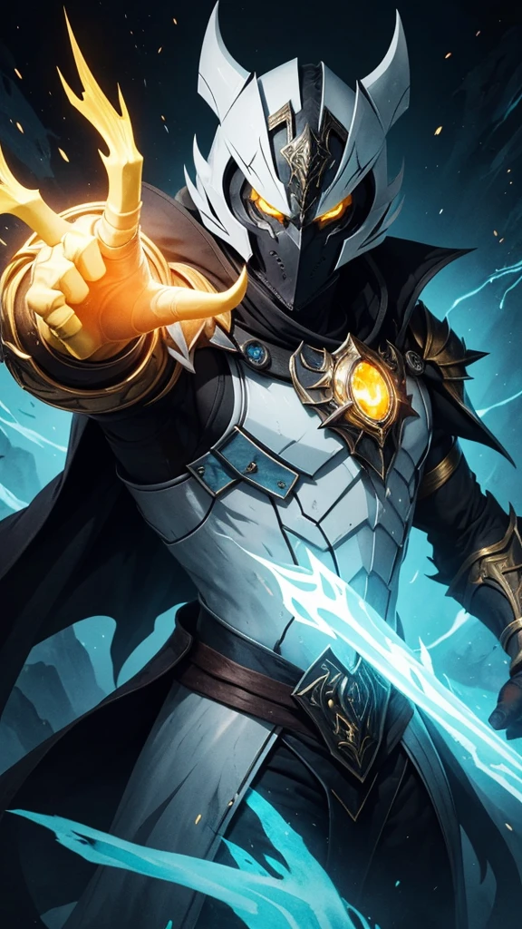 Creature with a white mask and yellow eyes and drawn with black features and stone skin and arcane armor with very bright light blue lights and with closed fists pointing at the viewer and orange watercolor background