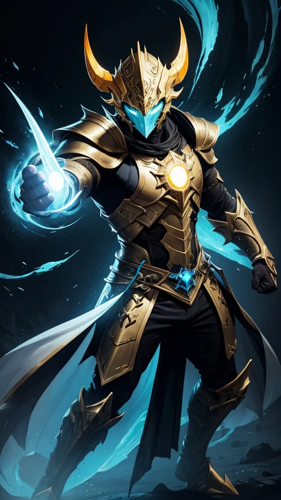 Creature with a white mask and yellow eyes and drawn with black features and stone skin and arcane armor with very bright light blue lights and with closed fists pointing at the viewer and orange watercolor background