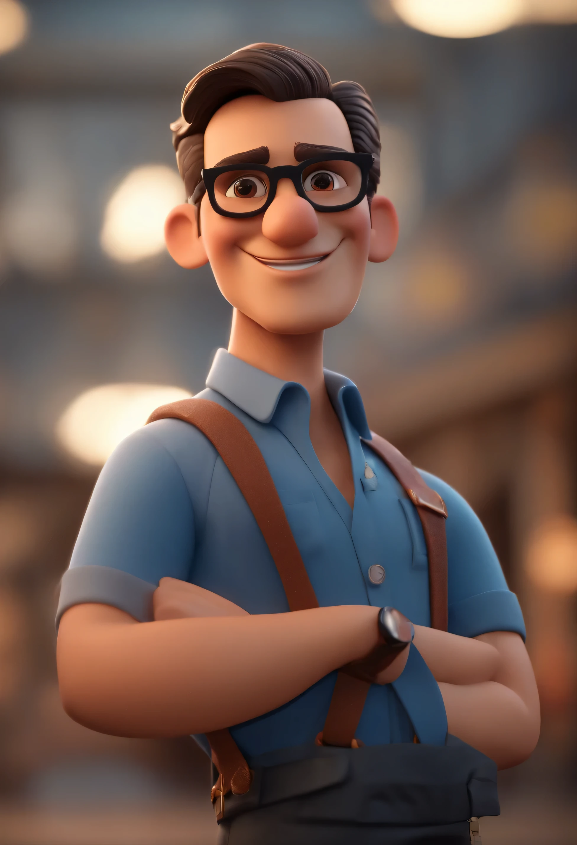 Cartoon character of a man with black glasses and a blue shirt, animation character, Caractere estilizado, animation style rendering, 3D estilizado, Arnold Maya rendering, Stylized 3D rendering, toon render screenshot, Personagem 3D, Personagem 3D, Stylized 3D rendering, 3D character rendering, personagem de desenho animado, Personagem de close up, Pose de personagem, (Estilo Pixar) (parte mestre:1.2) (Bokeh) (melhor qualidade) (pele detalhada) (textura detalhada) (8k) (argila) (cinematic lighting) (sharp focus