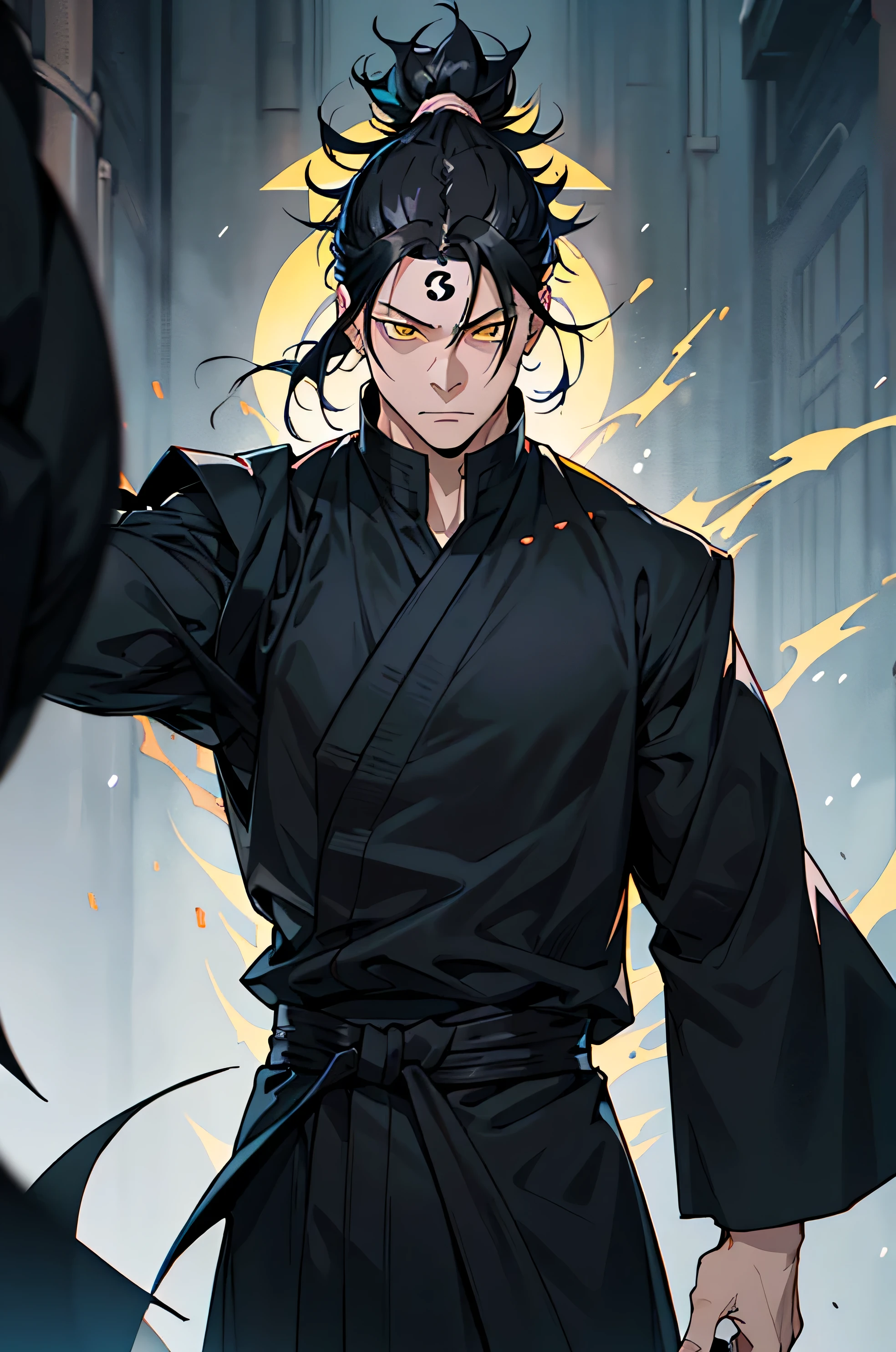 Best quality, masterpiece, ultra high res, detailed background, 1man, solo, male, strong, ((mature male)), ((long black hair)), medium ponytail, fluffy hair, straight posture, real shadow and light, depth of field detailed yellow eyes, ((Jujutsu sorcerer uniform from jujutsu kaisen)), ((dark blue))