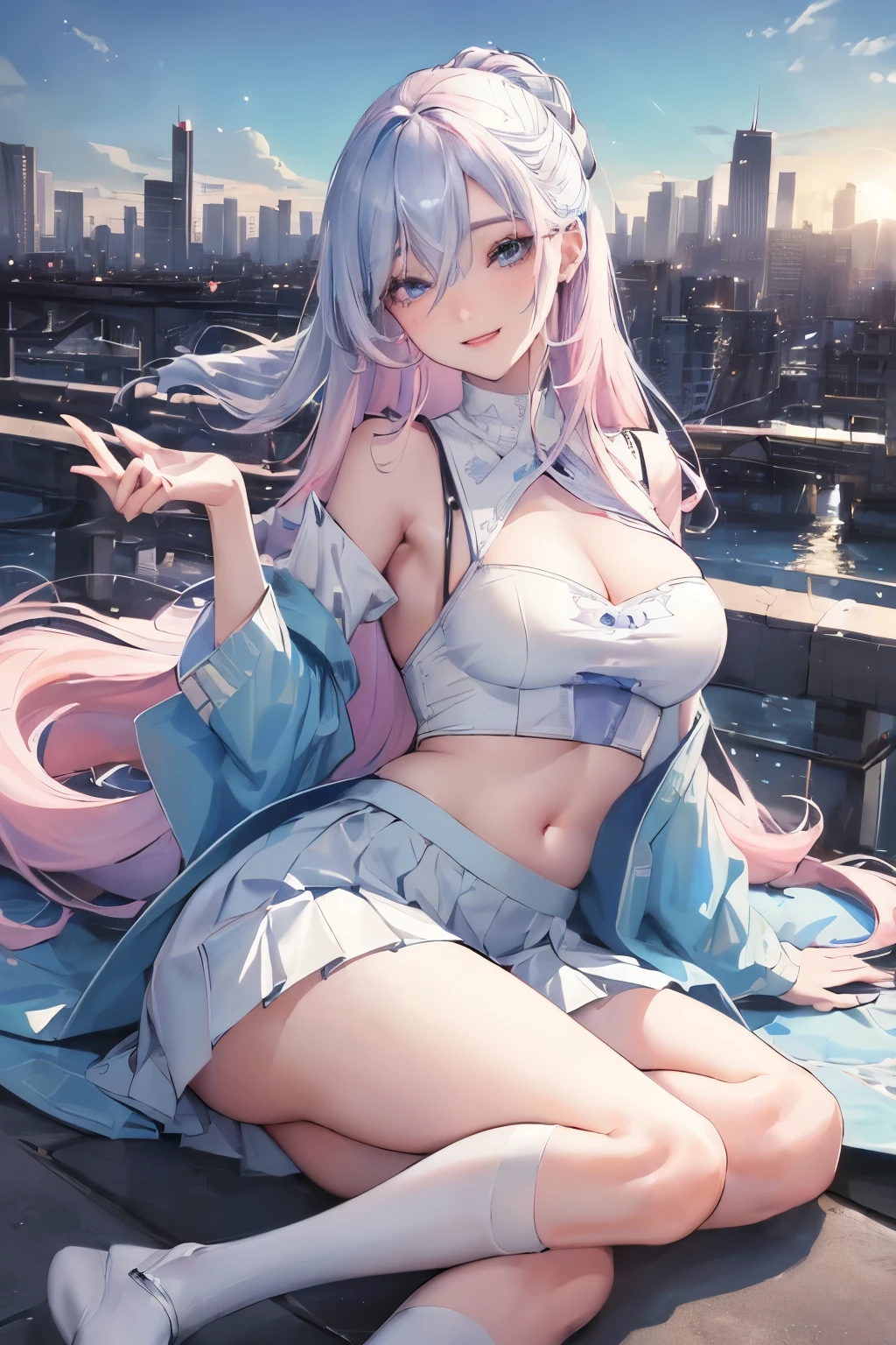 official art, masterpiece, sharp focus, (beautiful gorgeous cute Korean woman:1.3), (beautiful cute korean:1.3), korean beauty, Delicate and beautiful hair and eyes and face, realistic, ultra detailed, beautiful girl, blue sky, glow white particle, (sidelighting:1.2), sun light, white cloud, detailed clouds, slender, Lovely very large breasts and very large hips, smile with teeth, ((smile with eyes, open both eyes)), scenery, long straight hair, sexy facial expression, building, (cityscape:1.7), dynamic hair, long straight hair, detailed platinum pink hair, glow blue eyes, (blue pleated shirts + white skirt), white long socks, pale skin, hair ornament, epic scenery, stand up