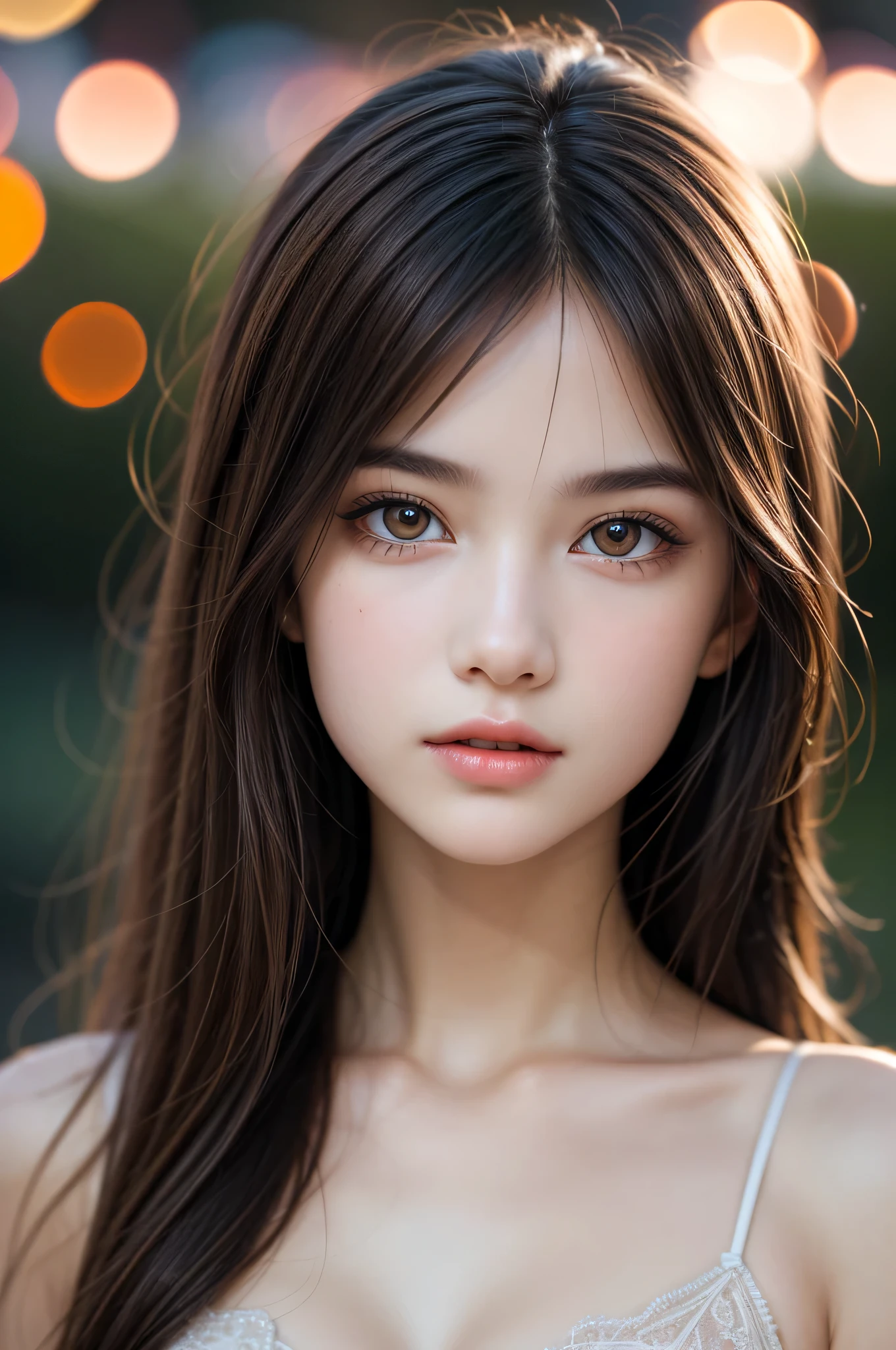 (best quality), (ultra-detailed), (llustration), (detailed light), (an extremely delicate and beautiful), 1young girl, brown hair, brown eyes, model, bare shoulders, best quality, extremely detailed CG unified 8k wallpaper, High-definition raw color photos, professional photograpy, (((Bokeh))), depth of fields, twilight, sunset,