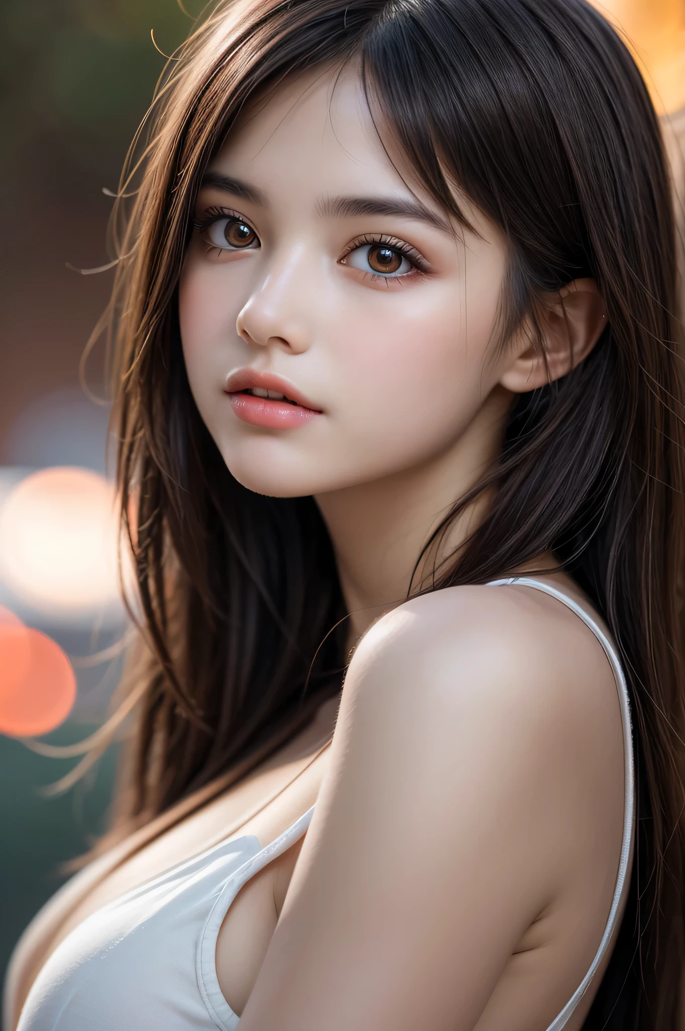 (best quality), (ultra-detailed), (llustration), (detailed light), (an extremely delicate and beautiful), 1young girl, brown hair, brown eyes, model, bare shoulders, best quality, extremely detailed CG unified 8k wallpaper, High-definition raw color photos, professional photograpy, (((Bokeh))), depth of fields, twilight, sunset,