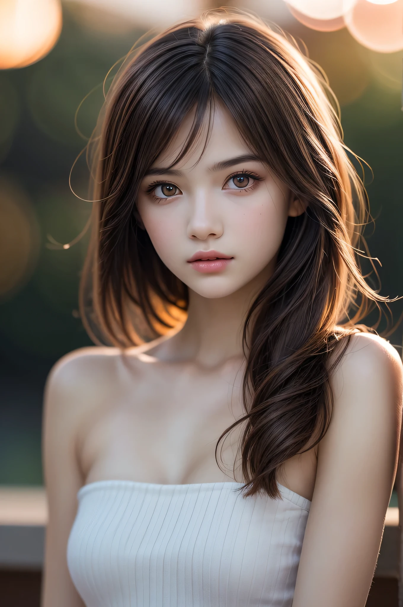(best quality), (ultra-detailed), (llustration), (detailed light), (an extremely delicate and beautiful), 1young girl, brown hair, brown eyes, model, bare shoulders, best quality, extremely detailed CG unified 8k wallpaper, High-definition raw color photos, professional photograpy, (((Bokeh))), depth of fields, twilight, sunset,