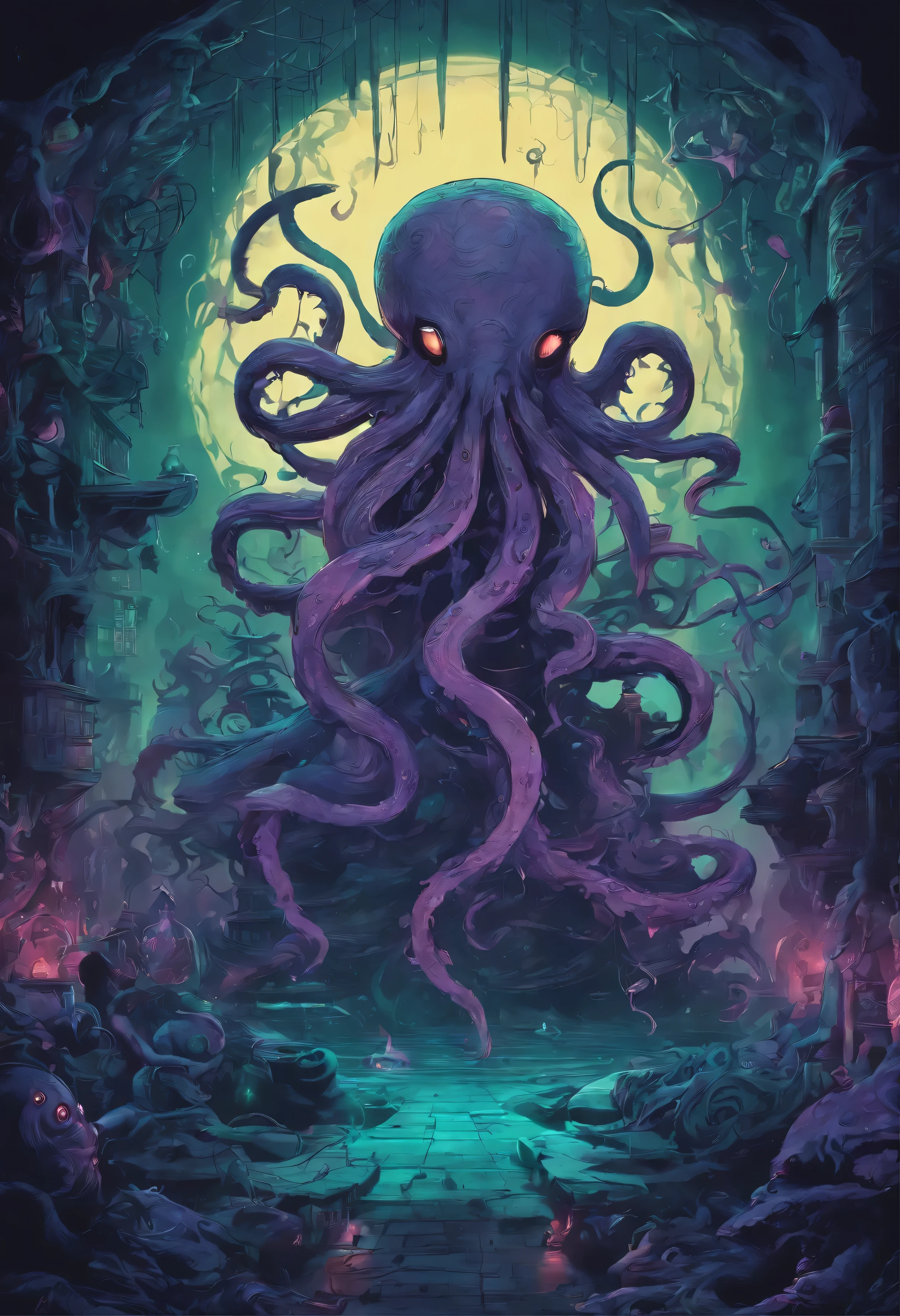 in a dimly lit room, an otherworldly DJ creature with tentacles emerges from the shadows. Se mantiene erguido, rodeado por una serie de artefactos misteriosos. Its eyes gleam with an ethereal glow as it gracefully moves its tentacles across el tocadiscos, perfectly mixing and matching hypnotic melodies. The room is filled with an eerie but captivating atmosphere., reminiscent of a visual novel set in a fancy world. The creature's tentacles swing and dance in sync with the rhythms., creating a charming and fascinating show. Elementos lovecraftianos impregnan la escena., with hints of cosmic horror and strange entities lurking in the shadows. The artwork embodies the essence of a Dungeons and Dragons campaign., Transporting viewers to a realm where imagination thrives and the line between reality and fiction blurs.. The colors evoke an otherworldly feeling., with deep purples, Blues, y verdes creando un ambiente inquietantemente hermoso. The lighting casts dramatic shadows and highlights the creature's fine details., enhancing the overall atmosphere. The resulting image is a high-resolution obra maestra, capturing the intricate details of the alien creature DJ, el tocadiscos, y los artefactos circundantes. Bring to life a fantastic scene that combines visual novel elements., fancy, DND, and the Lovecraftian tradition, dejando a los espectadores intrigados y cautivados. (Mejor calidad, 4k, high resolution, obra maestra:1.2), ultra detallado, Realista, Colores vibrantes, Ambiente inquietante, dramatic lighting.