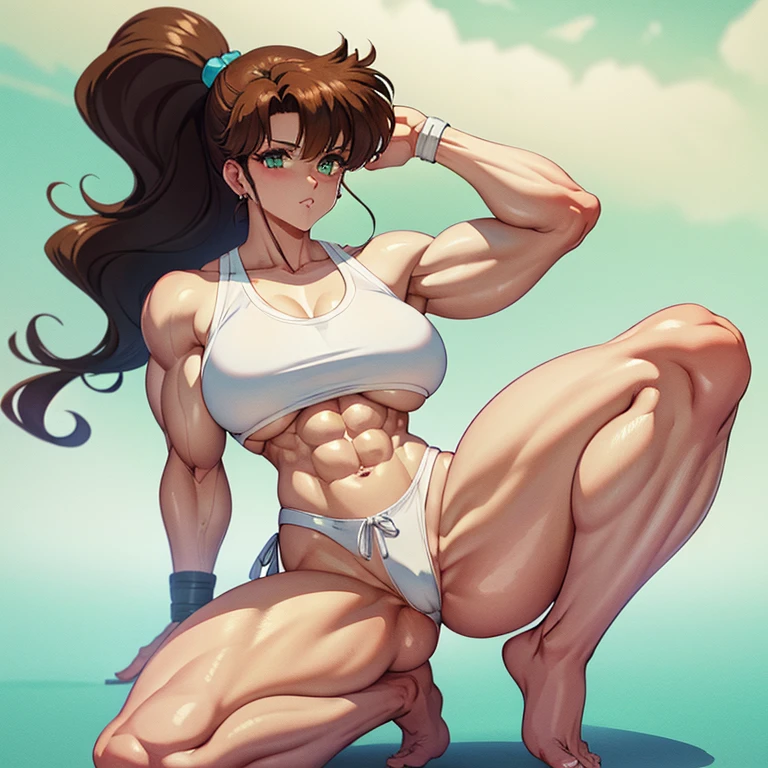 Makoto beim Karate, Makoto wears a karate GI barefoot, muscular physique, makoto macht Bodybuilding,Huge muscular biceps, breite, muscular shoulders, Bauchmuskeln, Abs, Her big muscles shred her karate GI, Full body image, Meisterwerk, Highest details, high resolution