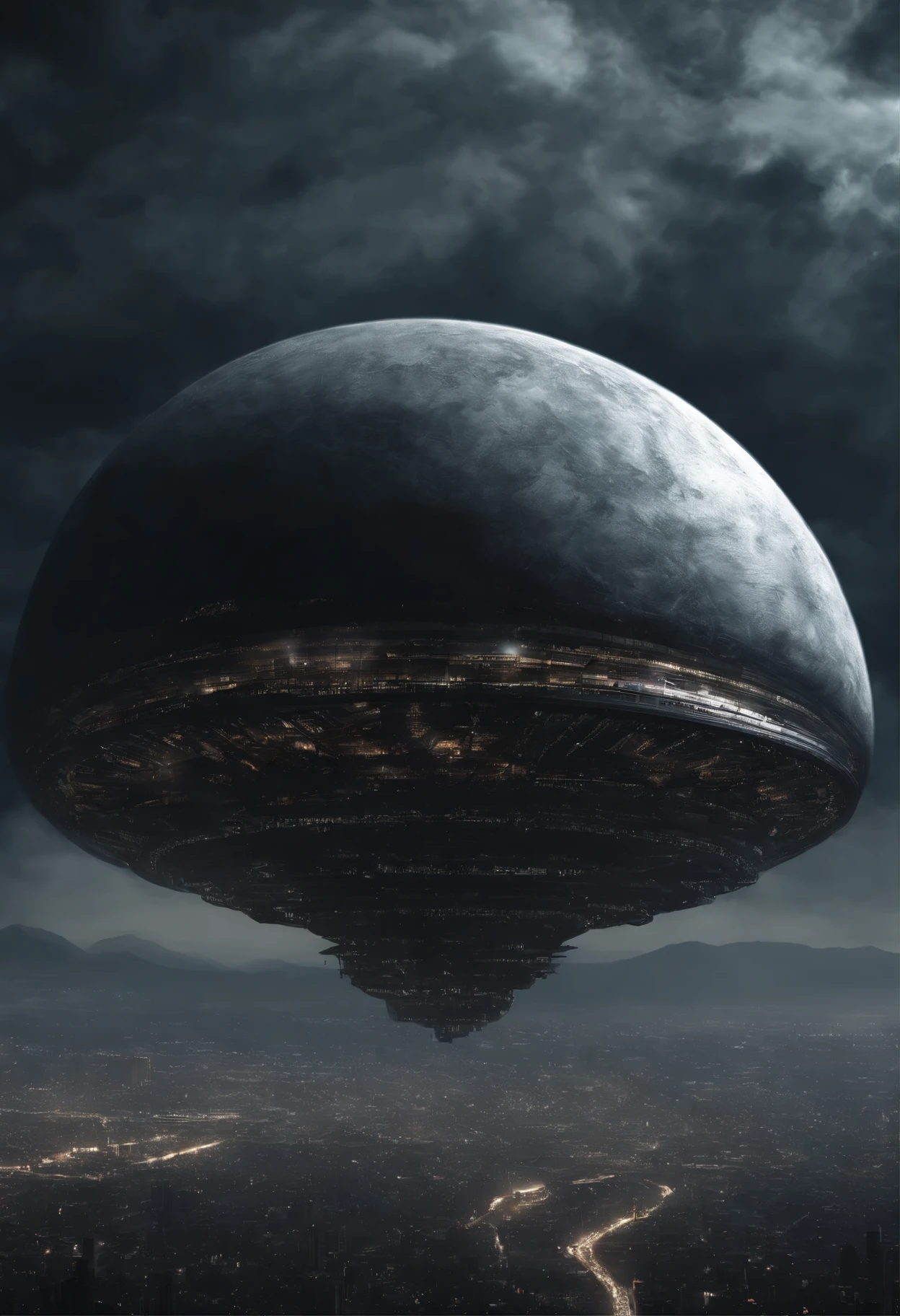A flying giant extraterrestrial round flat orbital station with a diameter of several hundred of kilometers, hovering vertically at an altitude of 1 kilometer above big city, (Best Quality, 16K, Masterpiece, Ultra HD:1.3, Huge detail, hyper realistic, epic scale, insane level of details)