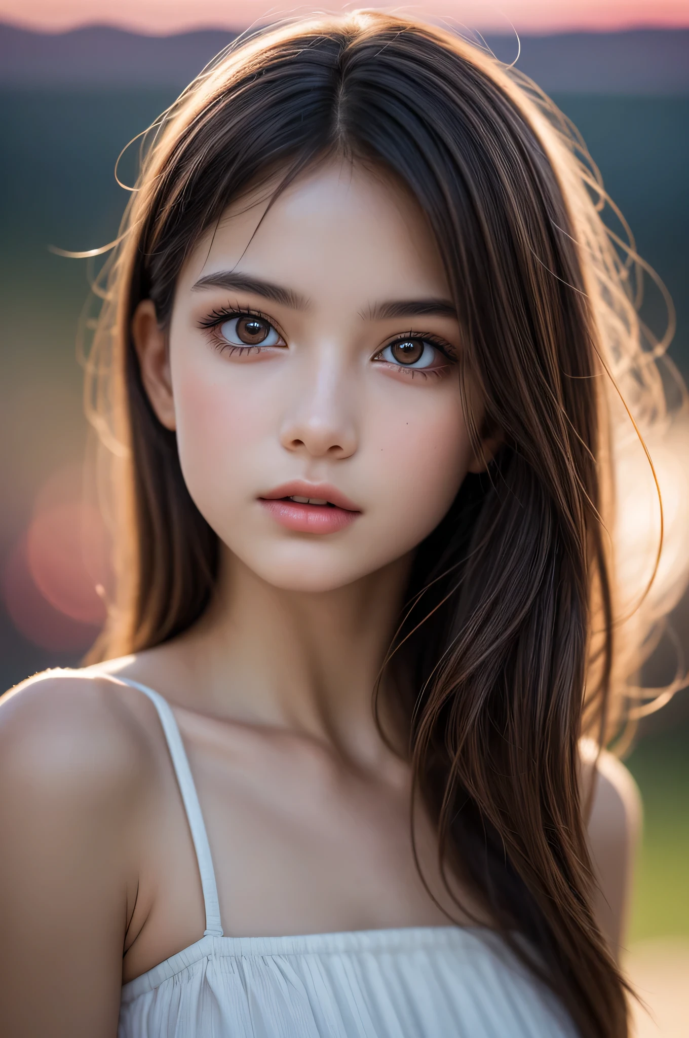 (best quality), (ultra-detailed), (llustration), (detailed light), (an extremely delicate and beautiful), 1young girl, brown hair, brown eyes, model, bare shoulders, best quality, extremely detailed CG unified 8k wallpaper, High-definition raw color photos, professional photograpy, (((Bokeh))), depth of fields, twilight, sunset,