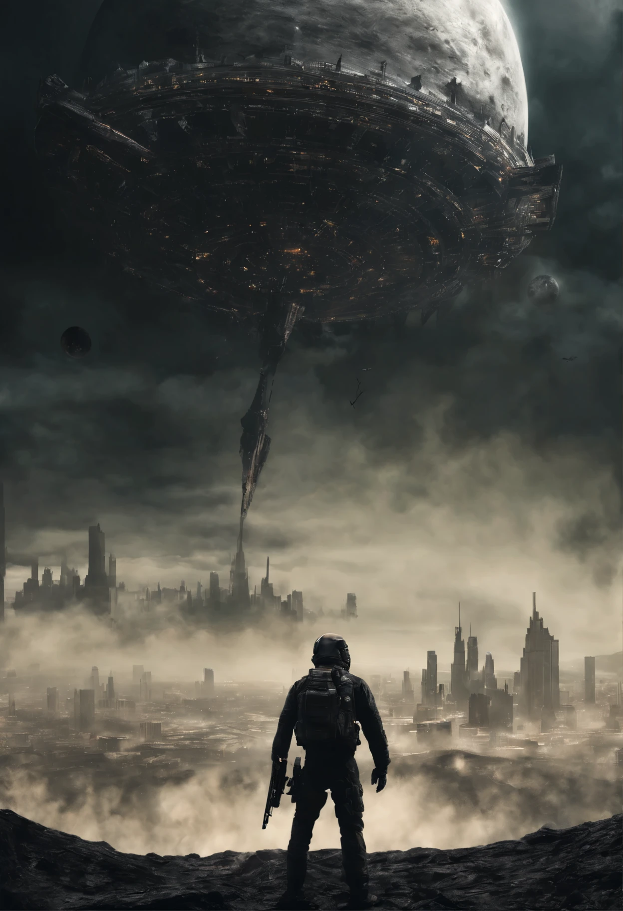 A flying giant extraterrestrial round flat orbital station with a diameter of several hundred of kilometers, hovering vertically at an altitude of 1 kilometer above big city, (Best Quality, 16K, Masterpiece, Ultra HD:1.3, Huge detail, hyper realistic, epic scale, insane level of details)