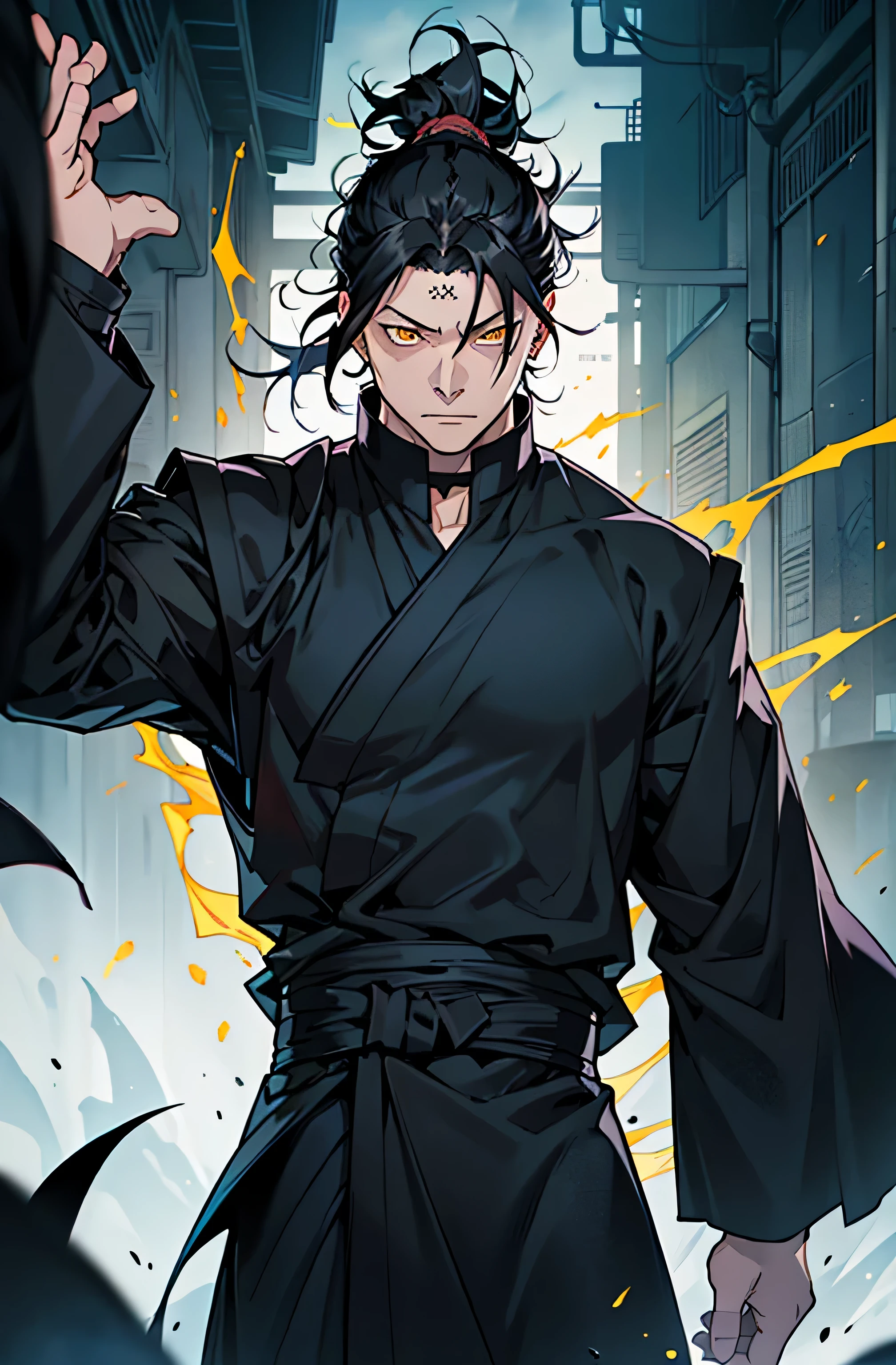 DETAILED EYES, Best quality, masterpiece, ultra high res, detailed background, 1man, solo, male, strong, ((mature male)), ((long black hair)), medium ponytail, fluffy hair, straight posture, real shadow and light, depth of field detailed yellow eyes, ((Jujutsu sorcerer uniform from jujutsu kaisen)), ((dark blue)) 