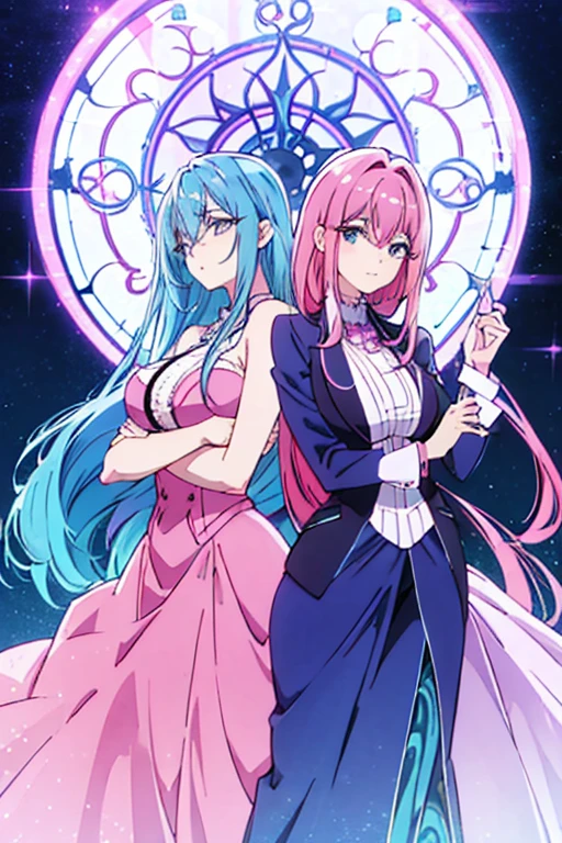 A blue haired woman with blue eyes is posing with a pink haired woman with violet eyes with an hourglass figure
