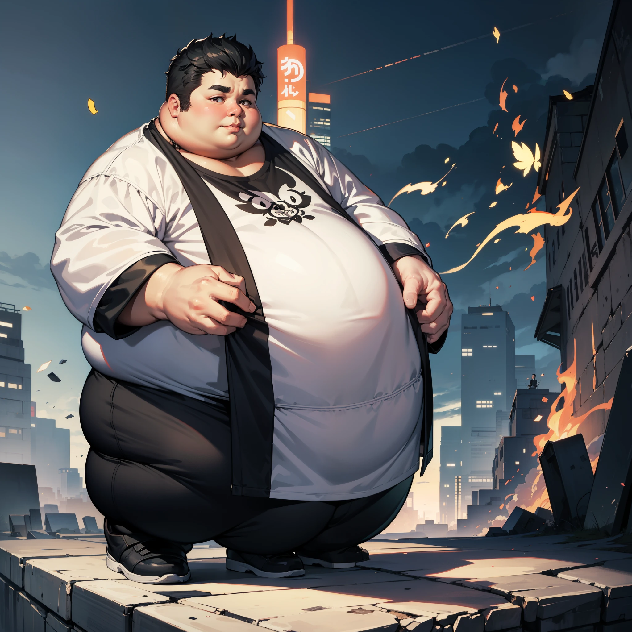 An obese man，Black color hair，Illustration anime style，Dark 4K, hyper HD, masterpiece, standing pose, arogant face
