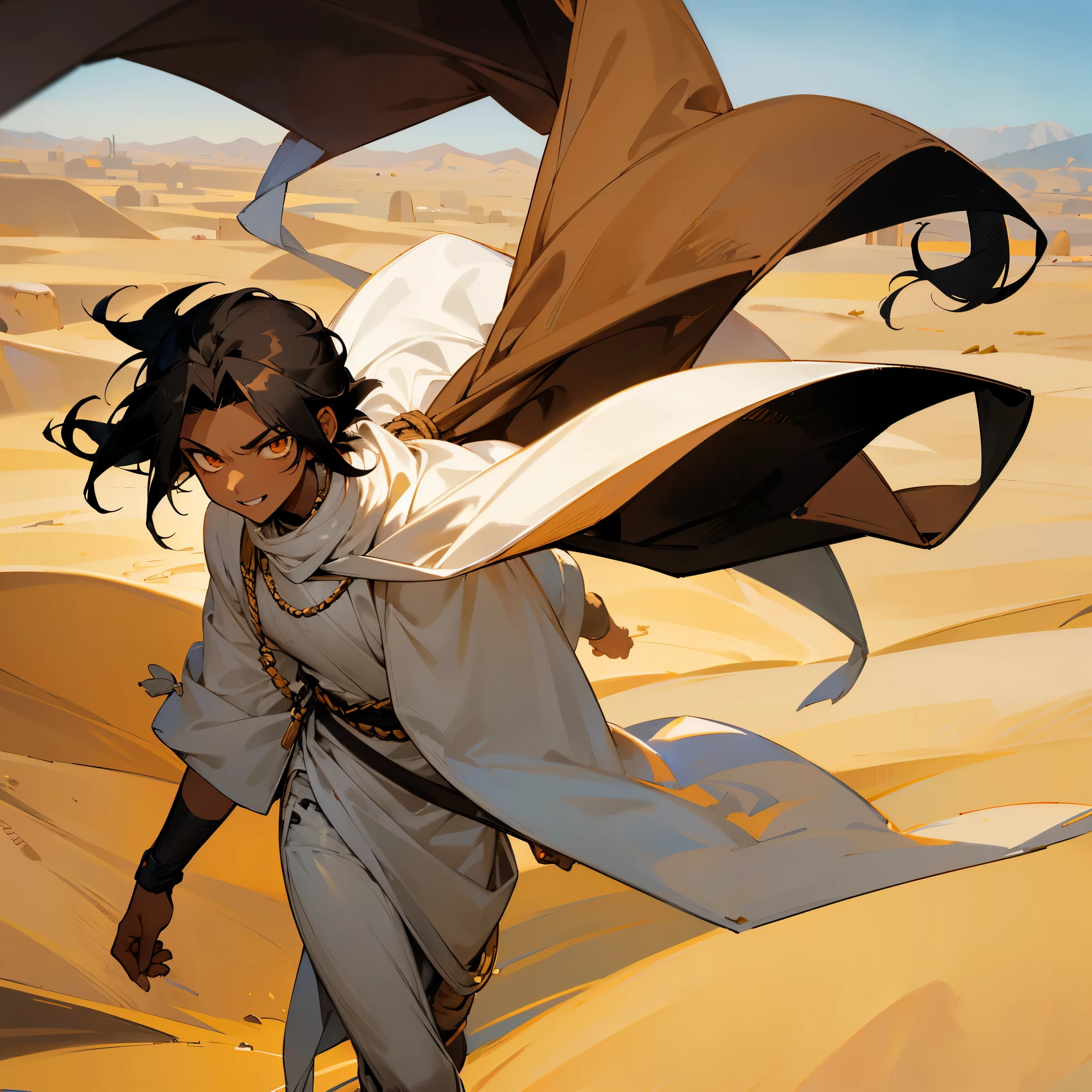 Dark Skin , Madara Hair , Black Hair , Golden Eyes , White Clothing , Lighthearted Expression , Messy black hair , Desert Background , 1male , Young Male , Teen Male , Traveler clothing  , Short low ponytail , walking on path , Arab Clothing