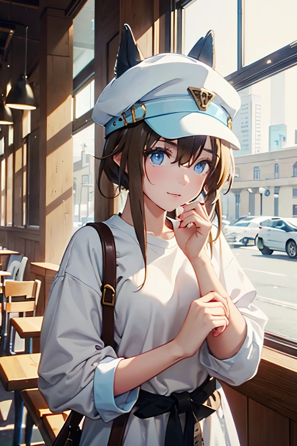 brown hair、hat、blue eyes、horse ears、white t-shirt、wearing a brown coat、Modern café interior、Snowy background、high resolution、high quality、beautiful skin、looking out the window and waiting for someone