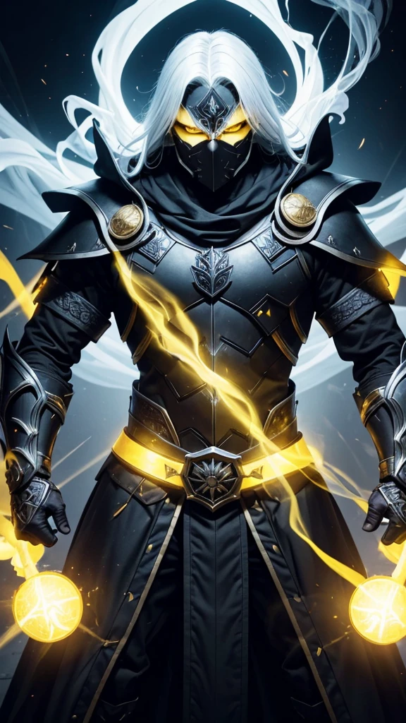 Man in a black mask and yellow eyes and thick white hair behind him and arcane armor with very bright yellow lights and pointing open hands sending smoke towards the viewer and highly detailed and white background with a very bright blue straight line illuminating the surrounding environment bottom