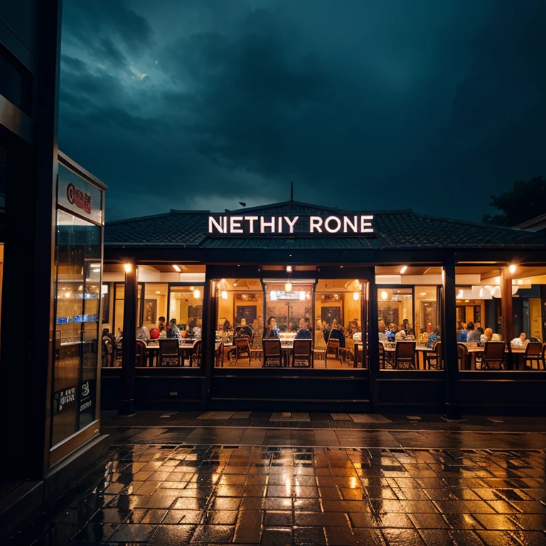 front of a restaurant at night raining