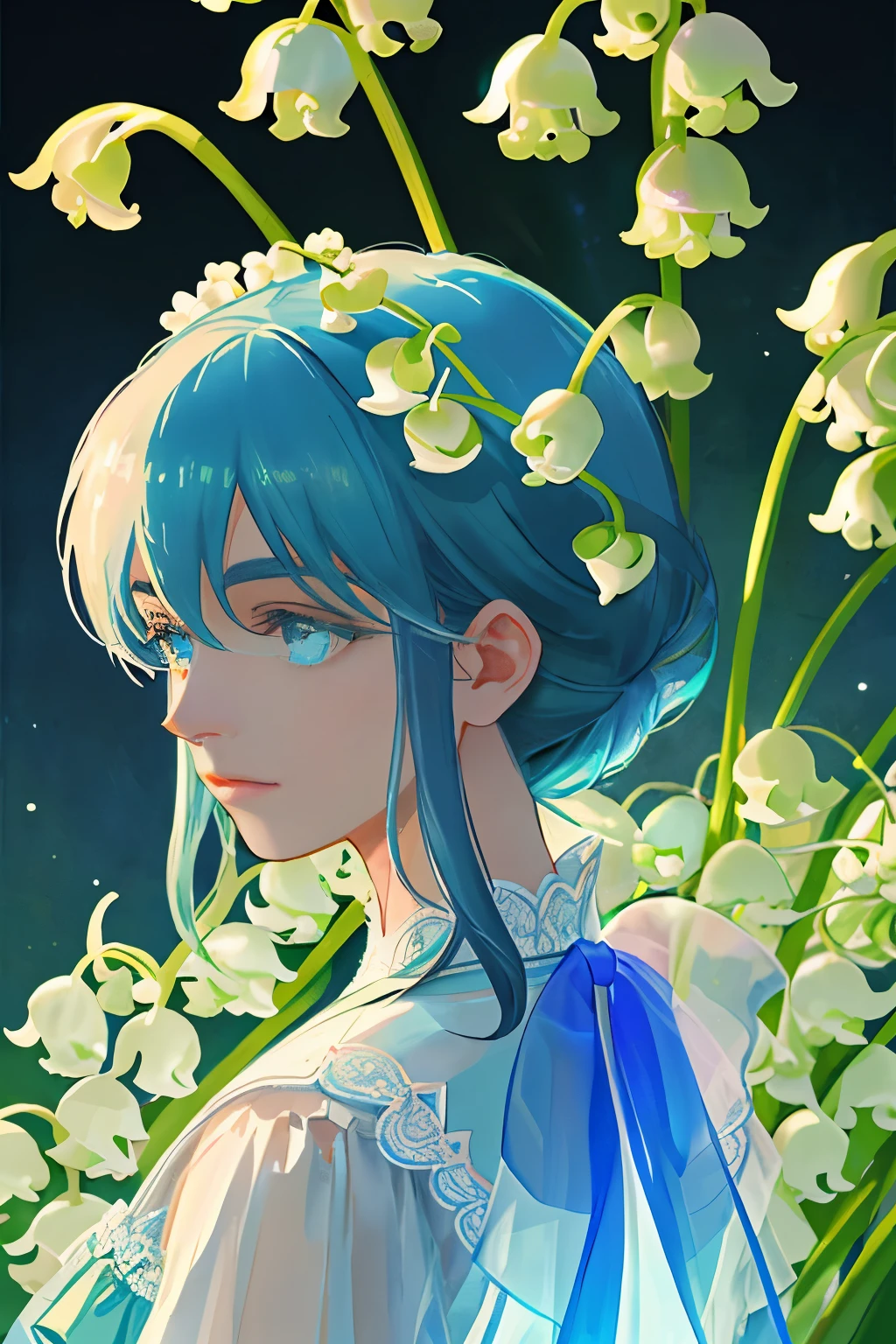 Lily of the valley，blue, glowing, Close-up，delicate