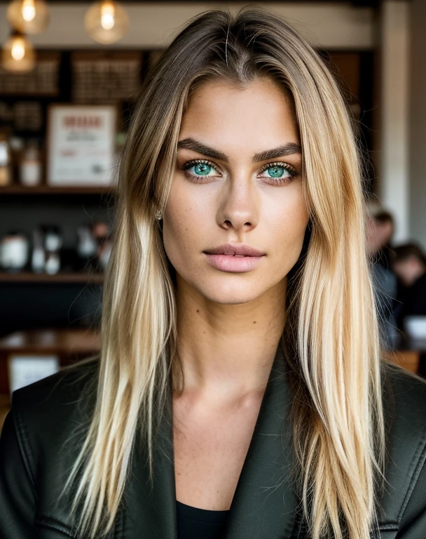 a model that are drinking a coffee in a coffee shop, staying on a chair, dressed in a black veste, full body, professional, (4k photo:1.1) (Sharp focus:1.3), high detail, beautiful detailed face, green eyes, long blonde hair, (attractive young woman:1.3), (seductive:1.1), (blushing:1.1), one girl,