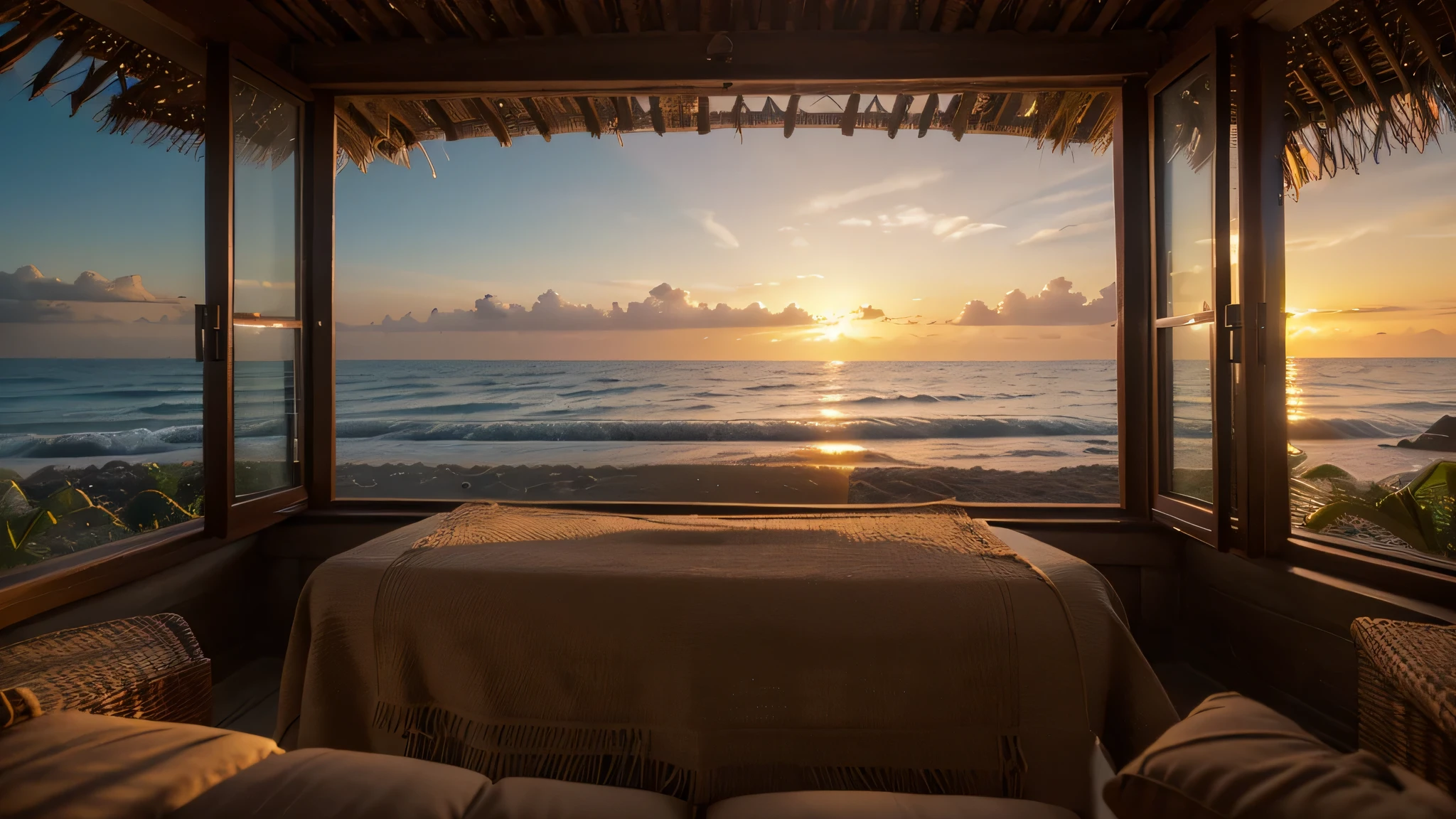(best quality,4k,cinematic lighting,depth of field,backlighting:1.1),large nipa hut window looking out to the ocean with sands and waves, sunset view, ultra-detailed, anatomically correct, Fujicolor, vibrant colors, realistic, soft light, tranquil atmosphere, relaxing vibes, beach landscape, warm tones.