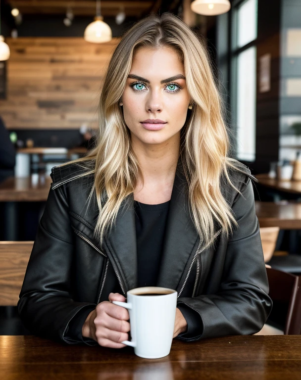 a model that are drinking a coffee in a coffee shop, staying on a chair, dressed in a black veste, full corps, professional, (4k photo:1.1) (Sharp focus:1.3), high detail, beautiful detailed face, green eyes, long blonde hair, (attractive young woman:1.3), (seductive:1.1), (blushing:1.1), one girl,