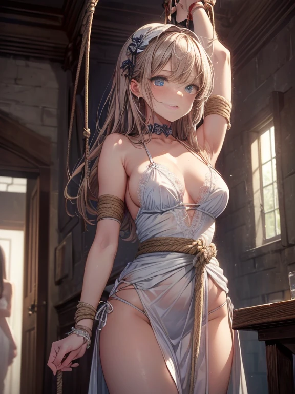 ((masterpiece)), ((best quality)), (ultra-detailed), NSFW, ((torture room)),(torture),(((rope strongly bound waist))),a cute girl, 1girl, solo, (white lacy slip dress),(both wrists tied above the head using rope), (both wrists hung from the ceiling),((thin waist)),((bdsm)),beautiful pinkbrown hair, beautiful blue eyes, (beautiful eyes), long hair,troubled expression