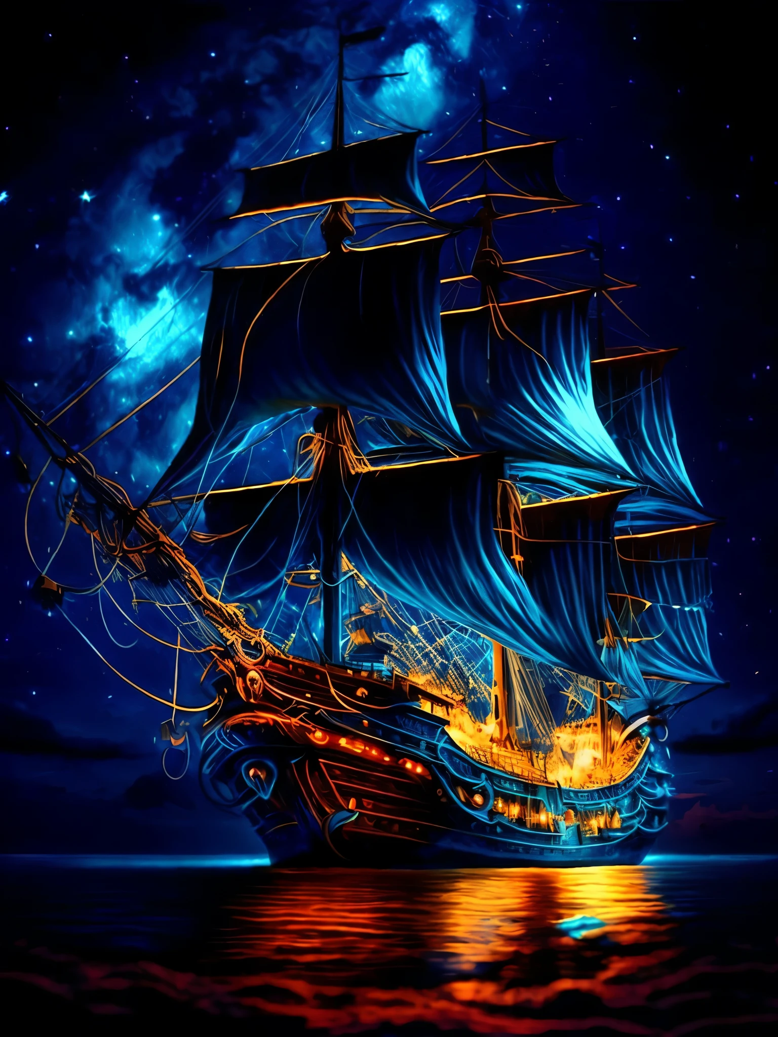 a ship sailing in the ocean at night with stars in the sky, pirate ships at war at night, pirate neon ship, pirate ship in space, on a pirate ship background, sailing ship, 4k highly detailed digital art, pirate ship, gothic ship on ocean, amazing wallpaper, old pirate ship, galleon, dark but detailed digital art, pirate ships