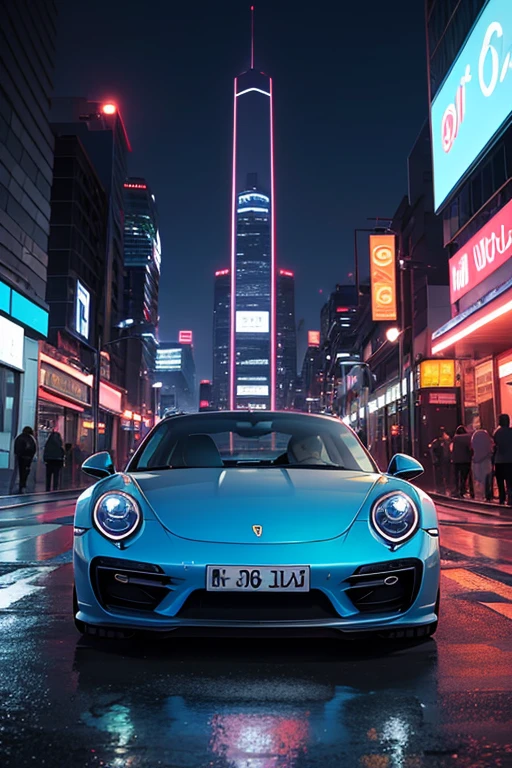 fundo desfocado de uma cidade, construindo em um fundo maluco, wet blue porsche 911 turbo car covered with water drop, tempo chuvoso, cidade futurista, neon rosa, farol traseiro ligado, carro estacionado, piso de concreto molhado, Obra prima, Noite