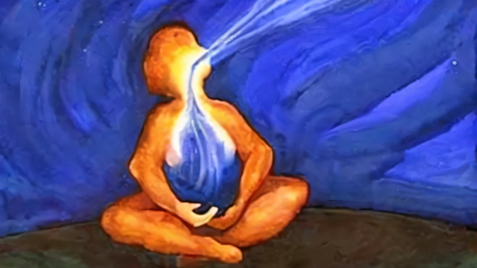 painting of a man sitting on a rock with a blue flame coming out of his head, emanating with aura azul, respirando fogo azul, emitting psychic powers, emanando e fluindo energia, emergindo do fogo azul, irradiando uma aura brilhante, spiritual lighting, brilhando por dentro, kundalini energia, alma deixando o corpo, aura azul, auras, visible sacred aura