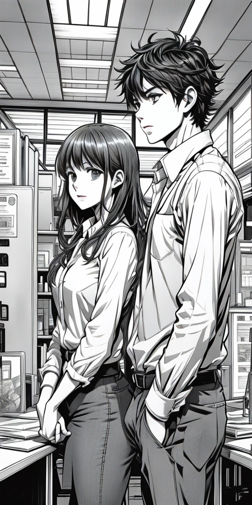 comic, 1girl,1boy,office