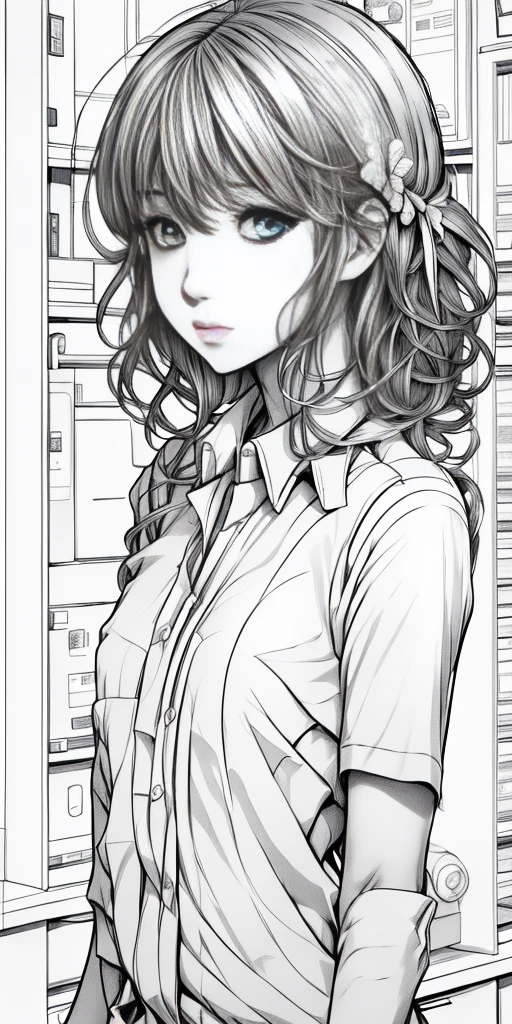 (Extremely delicate and beautiful: 1.2), 1girll, fashi-girl, bangs, pretty eyes, bow, Brown hair, Closed mouth, Sideways, hair between eye, Hair accessories hair bye, Short sleeves, looking at viewert, Medium hair, Solo, Upper body, school uniform: 1.3, ((Solo)), (Masterpiece), Blonde