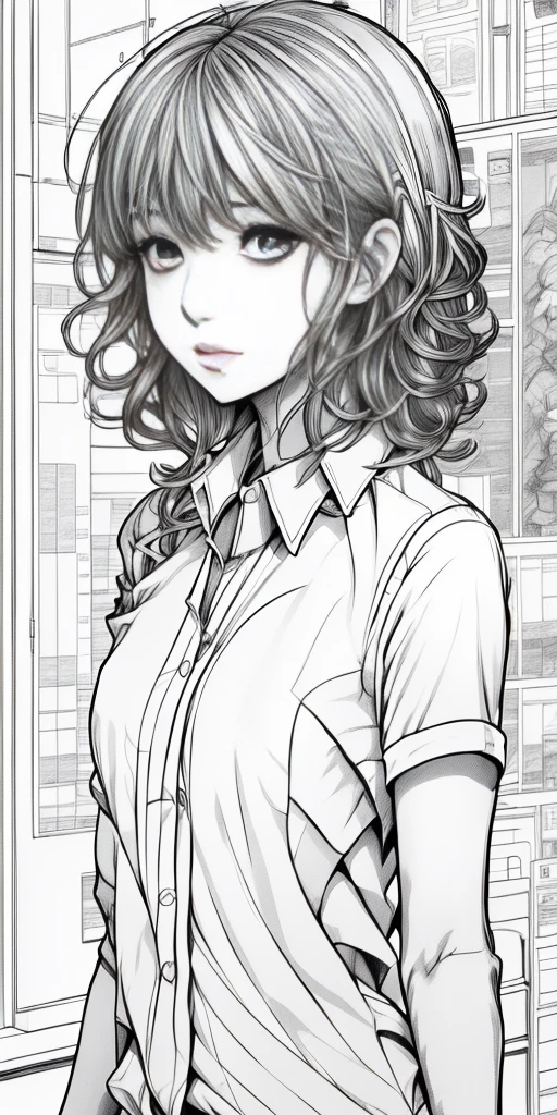 (Extremely delicate and beautiful: 1.2), 1girll, fashi-girl, bangs, pretty eyes, bow, Brown hair, Closed mouth, Sideways, hair between eye, Hair accessories hair bye, Short sleeves, looking at viewert, Medium hair, Solo, Upper body, school uniform: 1.3, ((Solo)), (Masterpiece), Blonde