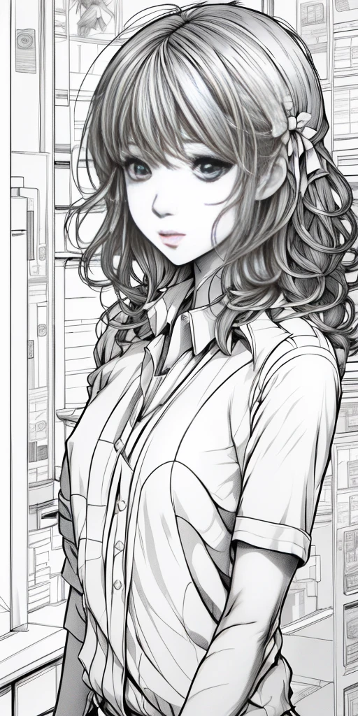 (Extremely delicate and beautiful: 1.2), 1girll, fashi-girl, bangs, pretty eyes, bow, Brown hair, Closed mouth, Sideways, hair between eye, Hair accessories hair bye, Short sleeves, looking at viewert, Medium hair, Solo, Upper body, school uniform: 1.3, ((Solo)), (Masterpiece), Blonde