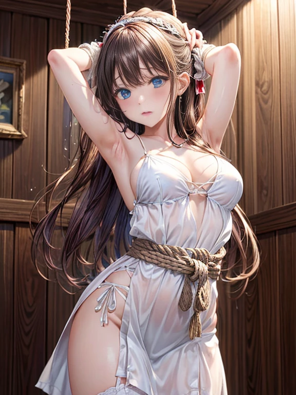 ((masterpiece)), ((best quality)), (ultra-detailed), NSFW, ((torture room)),(torture),(((rope strongly bound waist))),a cute girl, 1girl, solo, (white lacy slip dress),(both wrists tied above the head using rope), (both wrists hung from the ceiling),((thin waist)),((bdsm)),beautiful pinkbrown hair, beautiful blue eyes, (beautiful eyes), long hair,troubled expression