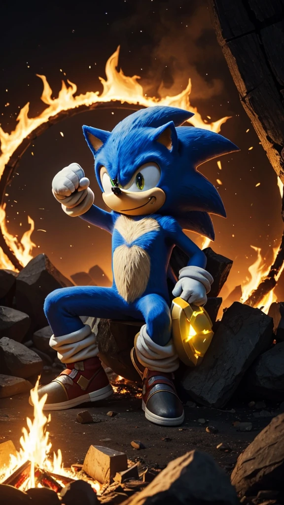 Sonic the hedgehog the hedgehog, very serious looking man in arcane armor with very bright yellow lights and closed fists and sitting next to a burning fire, lua cheia iluminando todo o ambiente, nuvens, estrelas, cogumelos gigantes 