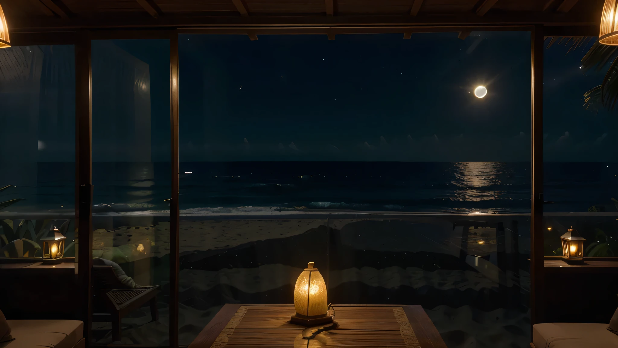 (best quality,4k,cinematic lighting,depth of field,backlighting:1.1),large nipa hut window looking out to the ocean with sands and waves, night  view, full-moon, ultra-detailed, anatomically correct, Fujicolor, vibrant colors, realistic, soft light, tranquil atmosphere, relaxing vibes, beach landscape, warm tones.