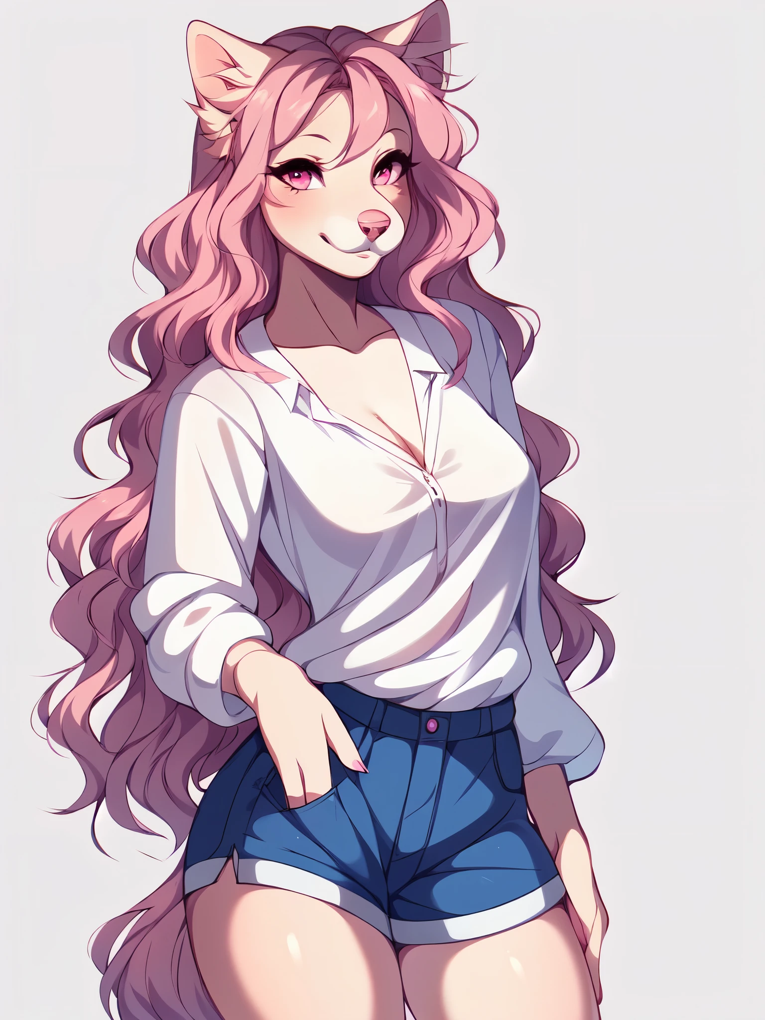 Solo:1.4, Athena, pink domestic dog, female, medium breasts, pink eyes, pink nose, pink wavy hair, smiling softly, cute snout, white blouse, blue shorts, trendy style clothes, standing, posing playfully, by fumiko, by hyattlen, white background, no background