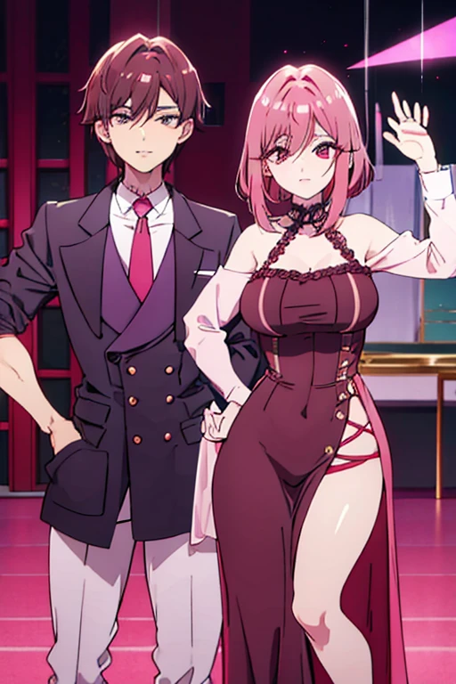 A brown haired man with red eyes is posing with a pink haired woman with violet eyes and an hourglass figure with short hair. 