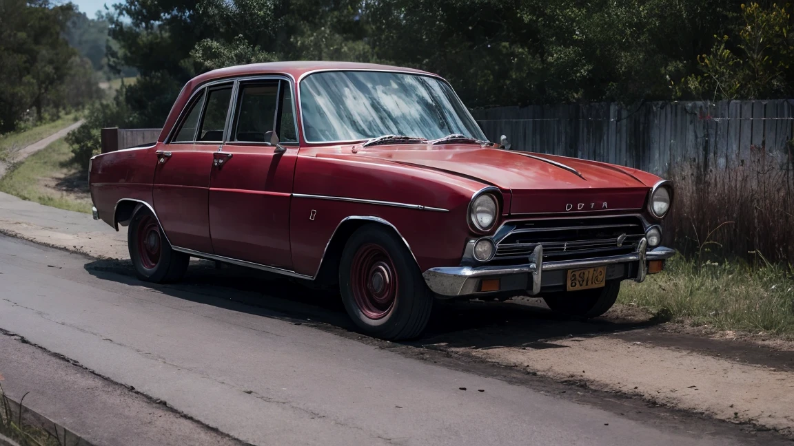A creepy vintage red car on the side of a dirt road