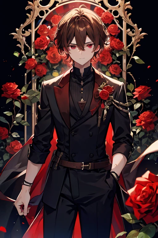 A brown haired man with red eyes is presenting a red rose