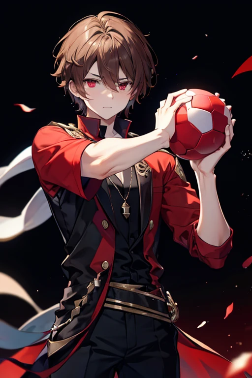 A brown haired man with red eyes is holding a ball under his arm
