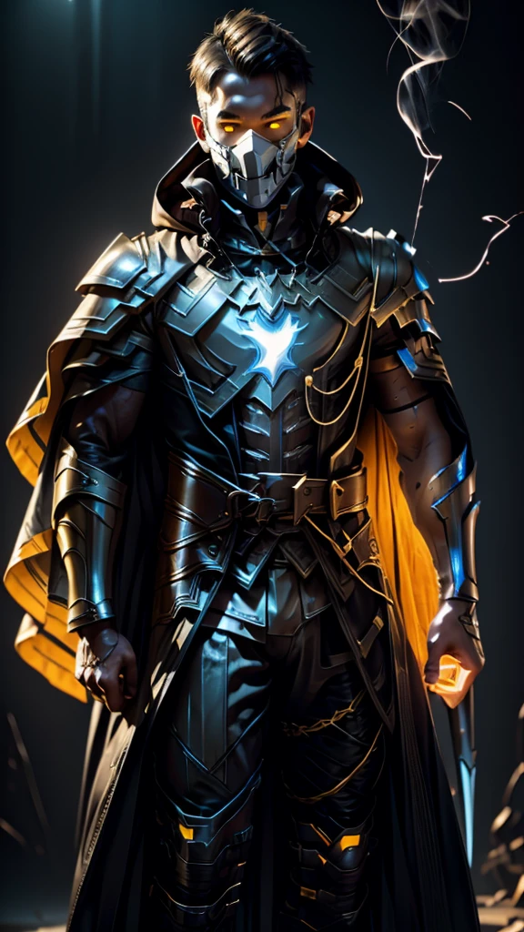 Man in hood and white mask with black features and yellow eyes and holes and scars and male arcane shoulder armor and bright yellow lights and very well detailed armor and cape and a fireball in his hand and black background with smoke 