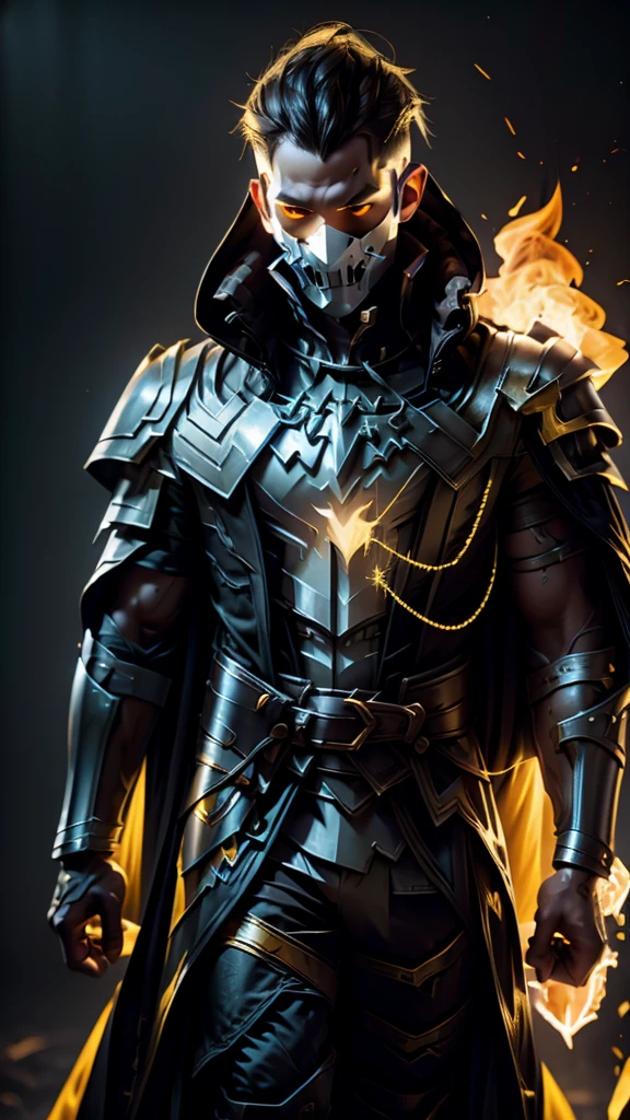 Man in hood and white mask with black features and yellow eyes and holes and scars and male arcane shoulder armor and bright yellow lights and very well detailed armor and cape and a fireball in his hand and black background with smoke 