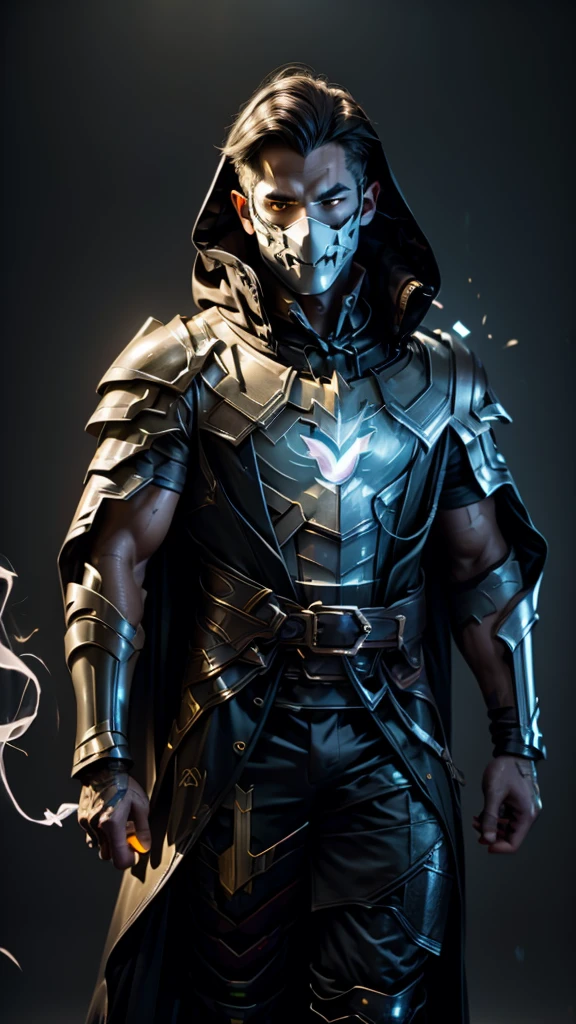 Man in hood and white mask with black features and yellow eyes and holes and scars and male arcane shoulder armor and bright yellow lights and very well detailed armor and cape and a fireball in his hand and black background with smoke 