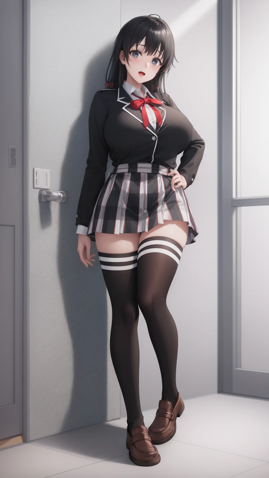 masterpiece, high quality, detailed eyes, 
1girl, hana midorikawa, short hair, bangs, (yellow hair:1.0), (brown eyes:1.0), blunt bangs,, (mature female, milf:1.2), gigantic breast, (voloptuous:1.2), thick thighs, tall, leggy, glistened skin, oiled skin, shiny skin, smile, (muscular:0.7), (pubic tattoo:1.0),
solo, looking at viewer, school, hall, full body, (contrapposto:1.2), (brown jacket neck ribbon, collared shirt, plaid short skirt:1.2), thighhighs, high heels, necklace, choker, thigh strap,  cleft of venus,  cameltoe,