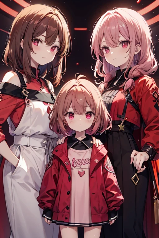 A brown haired man with red eyes is standing next to two pink haired twin girls with ruby eyes
