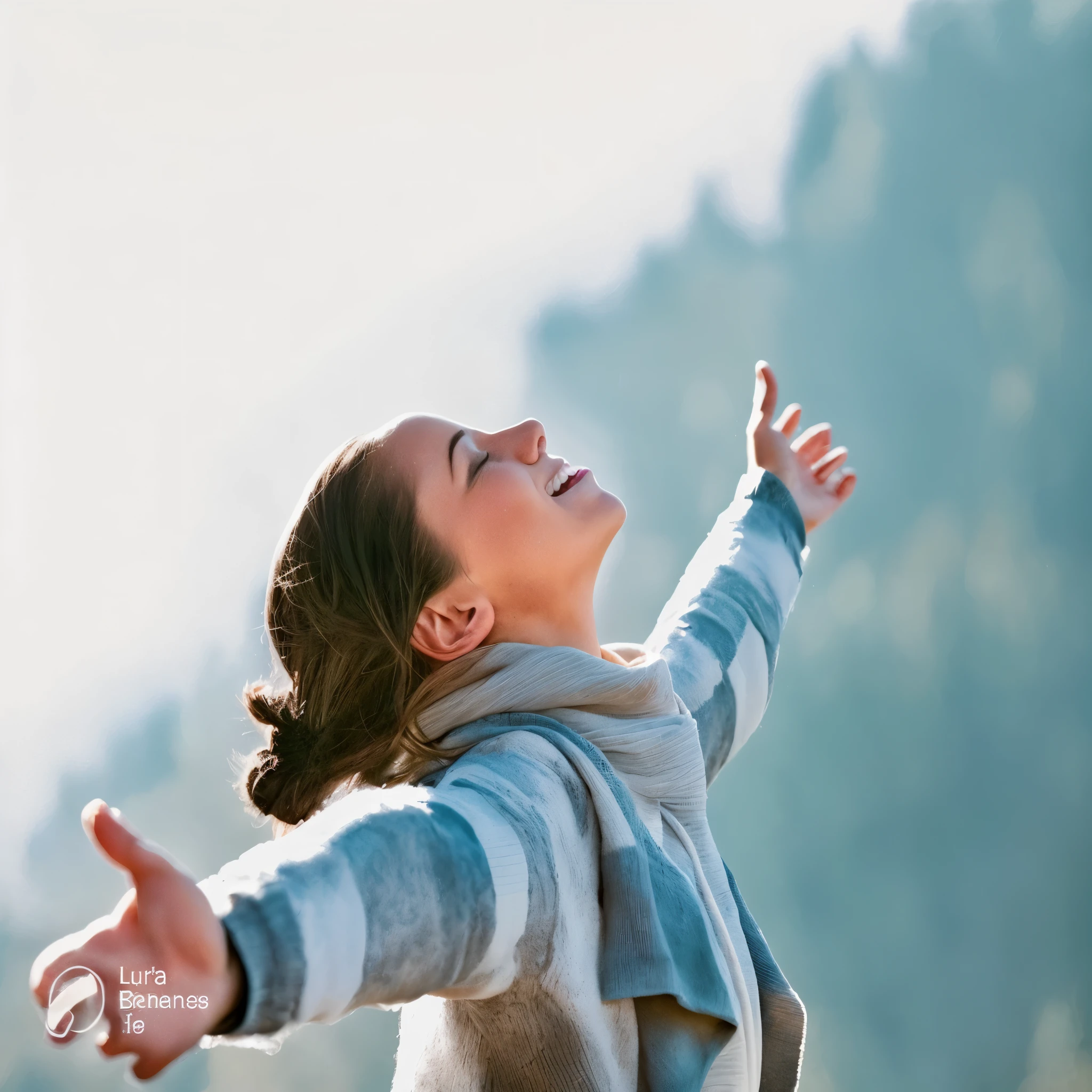 there is a woman that is standing up with her arms outstretched, arms outstretched, by Kurt Roesch, arms stretched wide, with arms up, she expressing joy, arms stretched out, excitement, mountain, arms spread wide, best seller, promo image, calm feeling, lisa, expressing joy, bursting with positive energy, she is in pure bliss