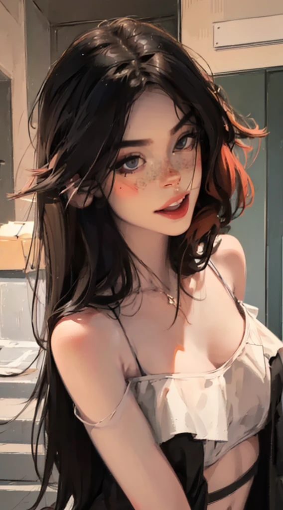 Natural photography of a beautiful girl, wearing a loose crop top, leaning over, short flowing hair, big bust, locks eyes into the camera, symmetrical eyes, symmetrical face, photorealistic, photography, path tracing, specular lighting, volumetric face light, path traced hair, visible shadows, intricate, elaborate