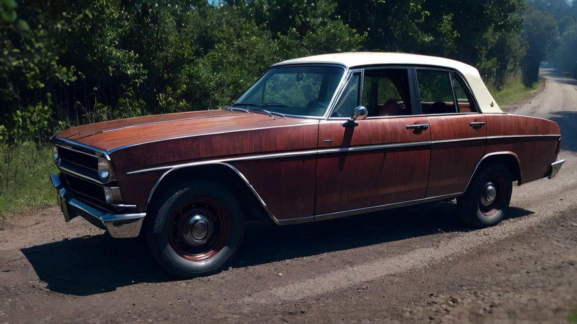 A creepy vintage car on the side of a dirt road