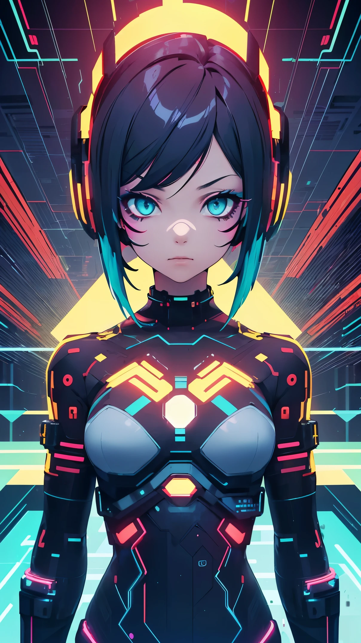 solo, 1girl, girl full body nude, (electric redyellow hair), (electric aqua eyes), ((Cyber punk outfit)), (symmetrical eyes), (Perfect face), (Perfect Anatomy), (looking at viewer), (cyber shot), ((Glitch Art background)), (glitch art:1.6) ((glitch effect)), (8k), (HD), (Cinematography)
