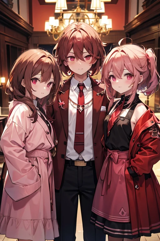 A brown haired man with red eyes is standing next to two pink haired twin girls with ruby eyes
